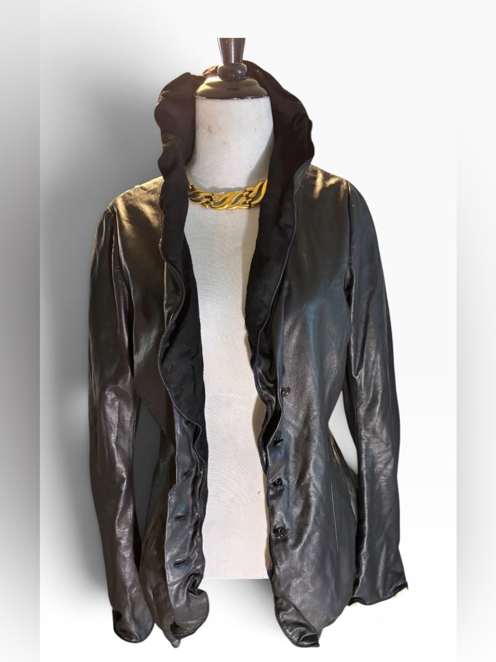 Nigel Preston & Knight Black Leather Ruffle-Front Shirt Jacket